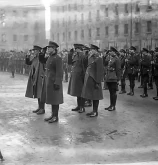 Gen Mulcahy (with greatcoat open) taking the salute at Royal Bks. General Mulcahy (with greatcoat open) taking the salute at Royal Bks.