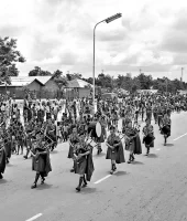32 Inf Bn pipe band leading the funeral procession to Leopoldville railway station on the first leg of the journey to Ireland. Photo credit: UN Multimedia. Pipe Band 32 Infantry Battalion