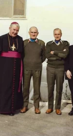 Photo taken at Naqoua during 56 Inf Bn tour of duty in 1984 - 85. L to R Lt Col Conrad Crean OC 56 Inf Bn, Capt Paul Lynch ADC to the FC, Col Leo Dawson MA to the FC, Fr Sean Conlon Chaplain 56 Inf Bn, Bishop Colm O’Reilly, Lt Gen William Callaghan FC, Lt Col Seamus Condon Camp Comdt, Secretary to Bishop, Col James Parker Sen Liaison Officer, Fr James Casey Chaplain 56 Inf Bn Lebanon